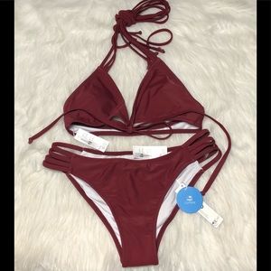 Cupshe NWT Maroon Halter Strappy Bikini,Size-Small